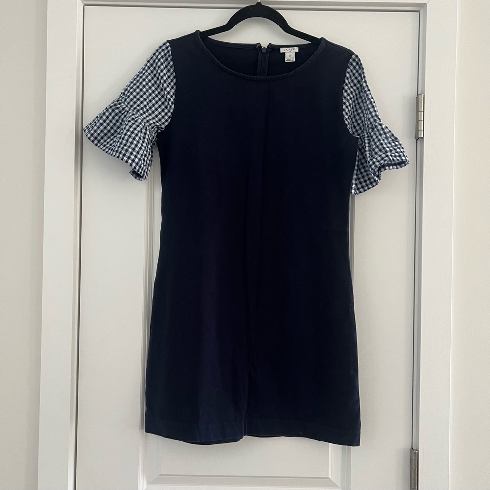 Navy J. Crew Dress with Gingham Sleeves